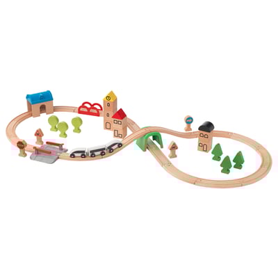 Wooden train playset with tracks, bridges, tunnels, and cars. Bright colours, trees, buildings. Encourages imagination.