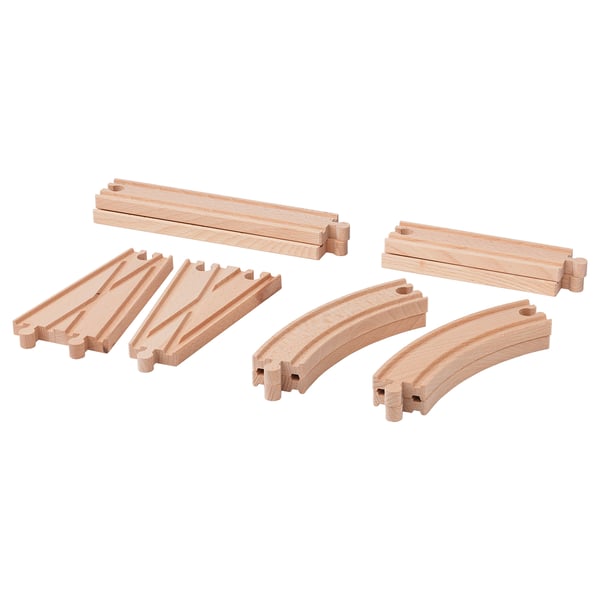 Wooden LILLABO train tracks set, unpainted, includes straight and curved pieces.
