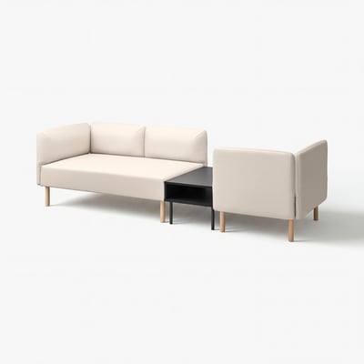 Modern beige LILLEHEM sofa set with light wood legs and black side table.