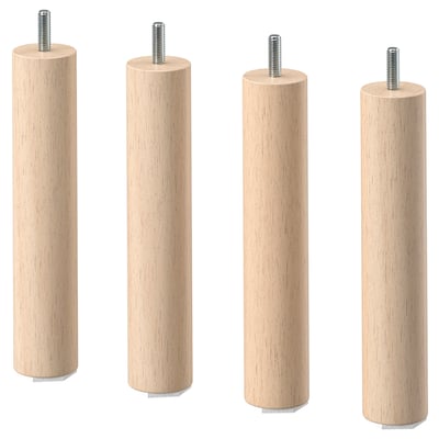 Four light-colored wooden legs with threaded ends arranged side by side.