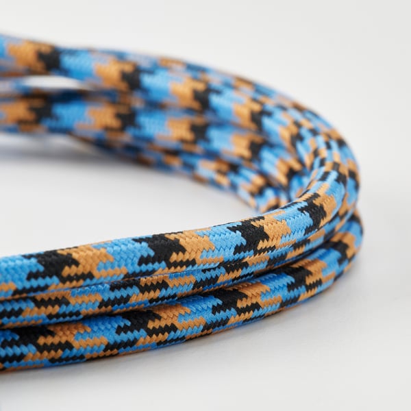 Close-up of LILLHULT usb cable, showcasing its tightly knit, durable design with blue and brown braided texture.