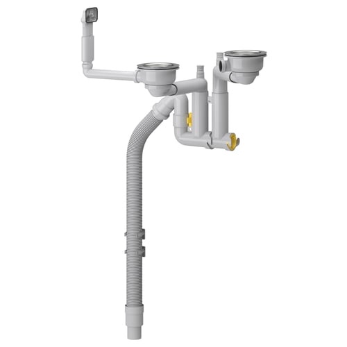 A LILLVIKEN grey plumbing system with tubes and a strainer made of white plastic and stainless steel. It includes a flexible hose and a cleaning plug.