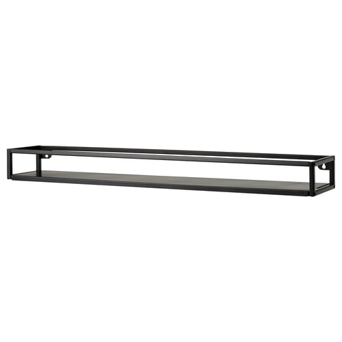 This image shows a black LINDÅSEN wall-mounted display shelf with a metal frame and glass shelf.