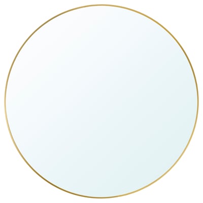 A gold-framed, round mirror with a sleek and elegant design.