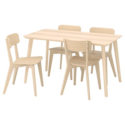 LISABO dining set with light wooden table and four matching chairs, designed with natural wood finish, rectangular tabletop, and angular chair design.