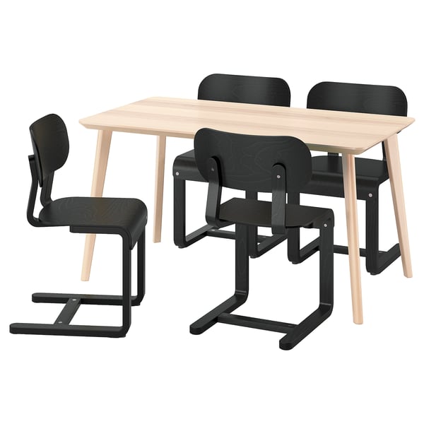 This image shows a LISABO dining set with a light-birch table and four dark-chair seats. The chairs have a cantilever design for comfort.
