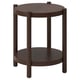 Round LISTERBY wood side table, dark finish, shelf, four legs.