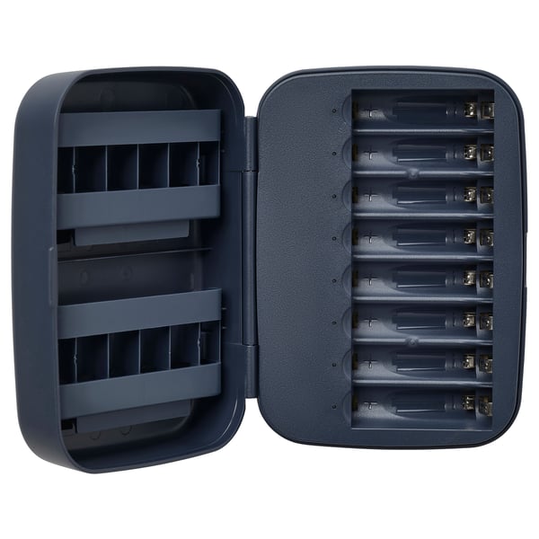 LITOSFÄR home for 8 batteries, grey, plastic, open, slots.