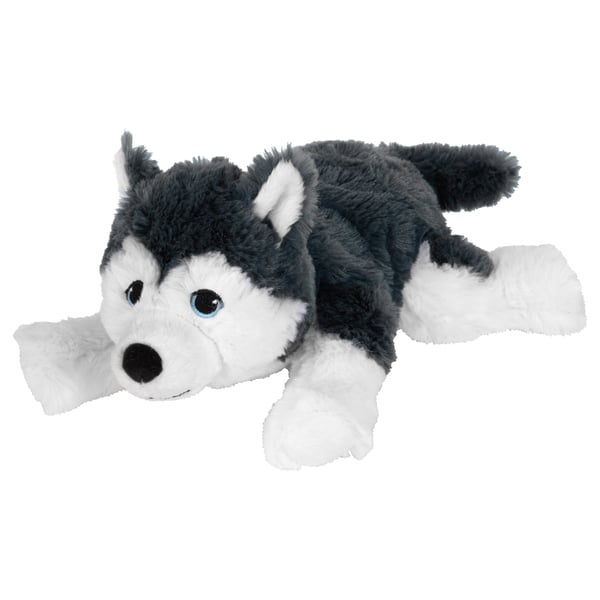 LIVLIG stuffed husky, black & white, soft, lying down, bright blue eyes.