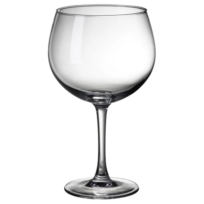 A clear glass wine glass named LJUSKRAFTIG with a long stem and wide bowl.