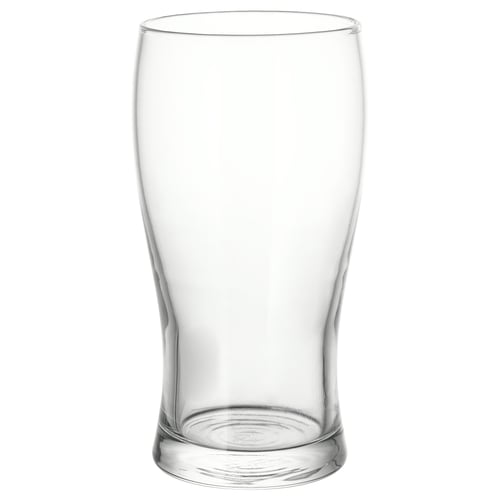 Empty, clear glass with a tapered shape, designed for beer with a curved body and wide opening, sitting on a flat base.