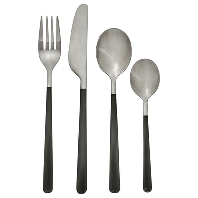 Modern black-handled stainless steel cutlery set: fork, knife, spoon, tea spoon with sleek design.
