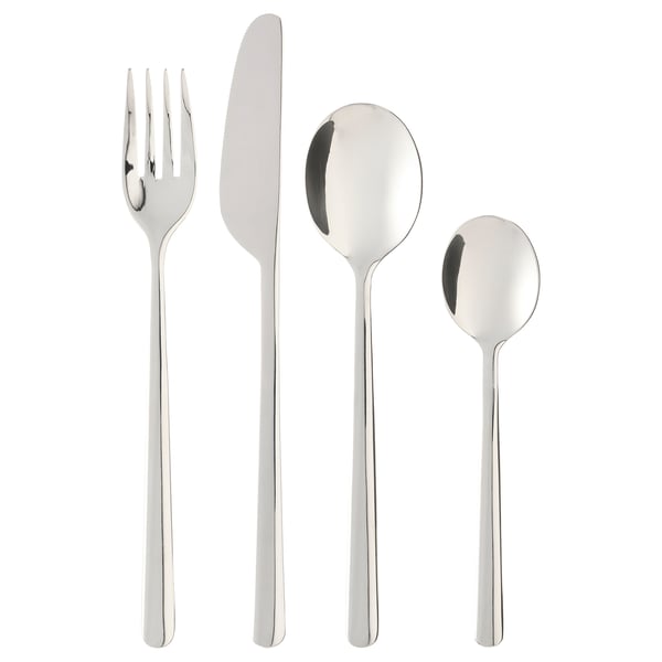 A set of LÖFTESRIK stainless steel cutlery: fork, knife, two spoons. Sleek, modern lines with rounded details. Silver in colour, polished finish.