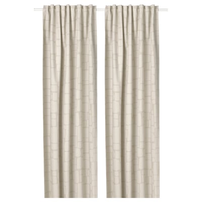 LÖNNSTÄVMAL beige jacquard block-out curtains, light-blocking, 100% recycled polyester.