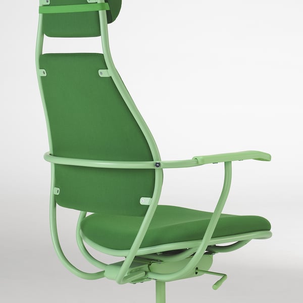 Green gaming chair, showcasing sturdy frame, adjustable headrest, and supportive mesh back.