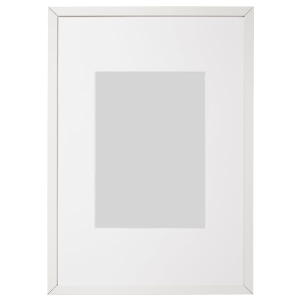 White LOMVIKEN photo frame with thin metal edge, rectangular shape, and front protection.