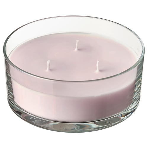 LOTSFÅGEL Scented candle in glass, 3 wicks, Pink flowers pale pink, 25 hr