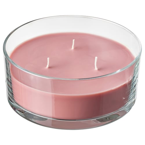 LOTSFÅGEL Scented candle in glass, 3 wicks, Red berries light pink, 25 hr
