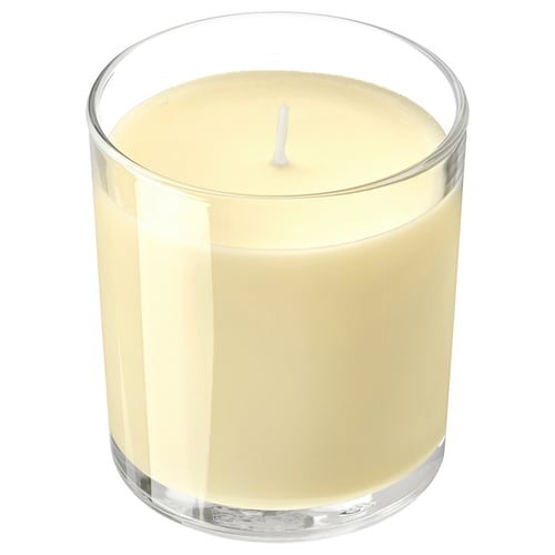 LOTSFÅGEL Scented candle in glass, Citrus flower light yellow, 40 hr