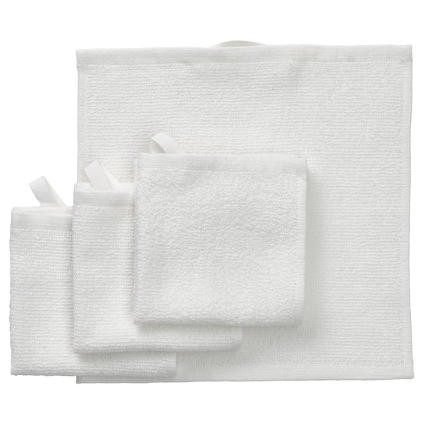 A white LUDDVIAL towel set. Made of 100% cotton, it multiple sizes for versatile use. The towels are lightweight, quick-drying, and soft.