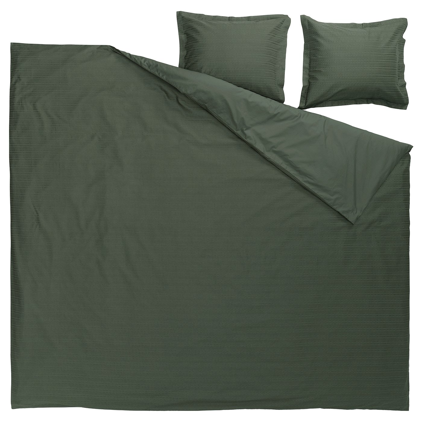 Dark green cotton duvet & pillow covers, waffle weave texture, rectangle shape.