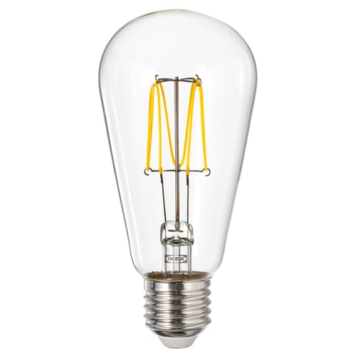 Ikea LUNNOM light bulb, yellow filament, clear glass, round shape, simple design.