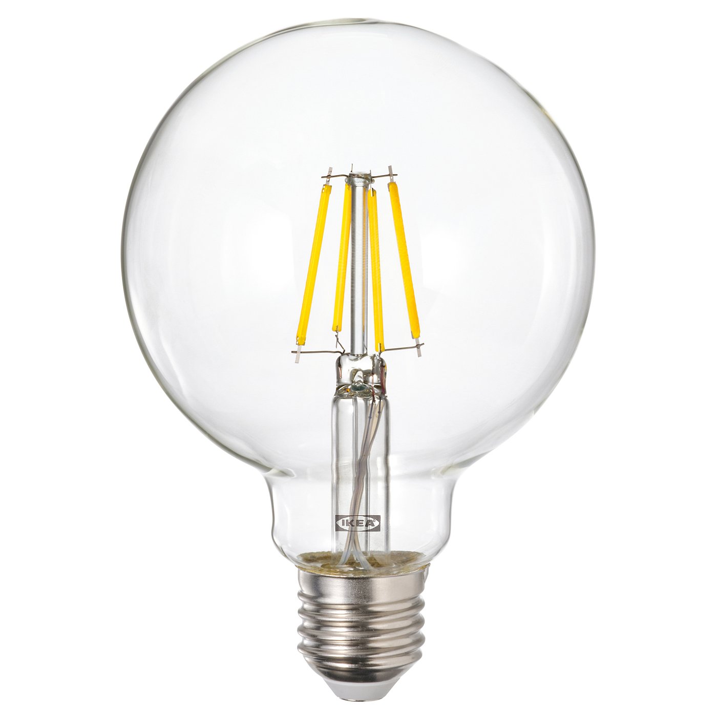 Light bulb with yellow filaments, spherical glass cover, silver base, ikea brand.