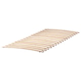 Displays a LURÖY slatted bed base featuring curved wooden slats for support and air circulation.