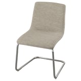 Depicts a LUSTEBO chair, grey, with a curved metal frame and upholstered seat and back.
