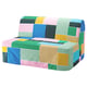 Bright multi-color striped sofa with abstract pattern; comfy & vibrant.