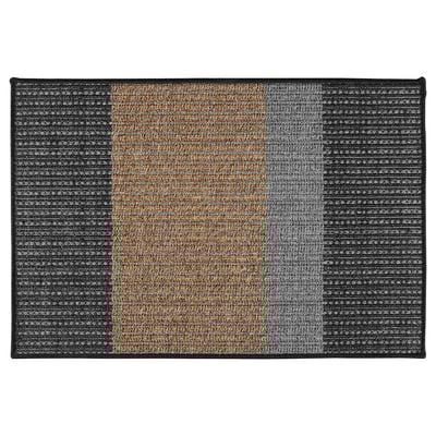 A rectangular LYNDERUP door mat with black, yellow, and grey woven stripes and a textured surface.