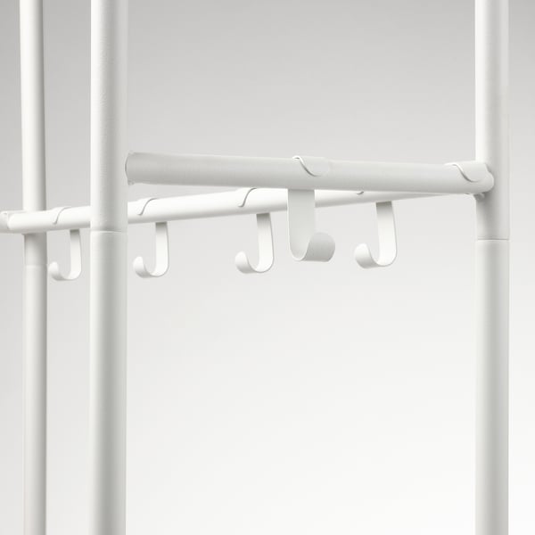 White coat rack with five hooks, durable and well-constructed for hanging items.