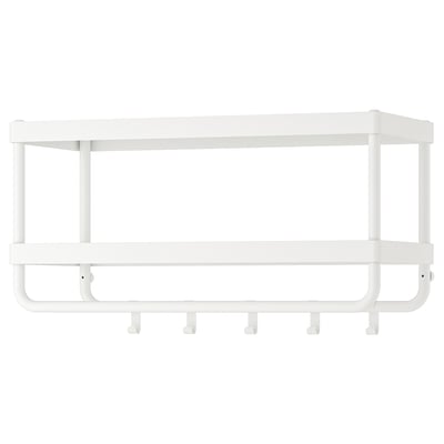 A white MACKAPÄR wall shelf with hooks. It has two levels and five hooks for storage, ideal for small spaces.