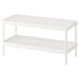 White metal shelf table with two tiers. Sleek design, rectangular shape, great for storage.