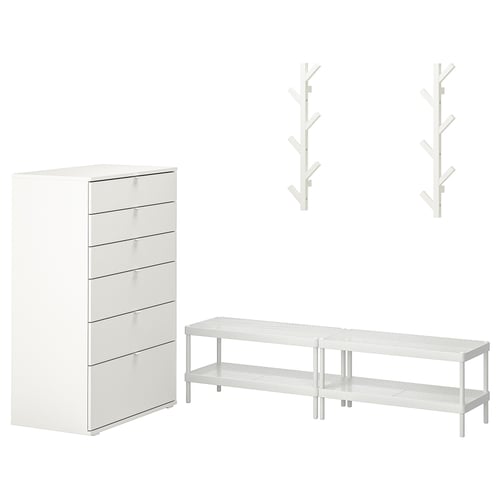 Ikea MACKAPÄR set: 6-drawer chest, 2-shelf shoe rack, 2 wall hangers. Modern, minimalist design.