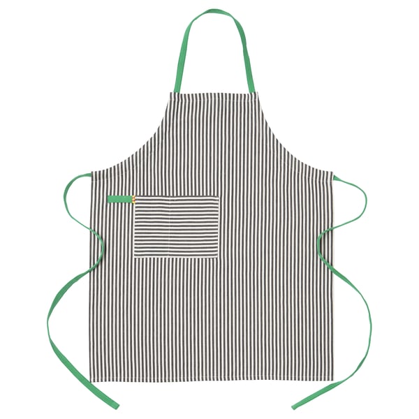 MÄVINN striped apron with green ties, large pocket, black/white stripes, cotton.