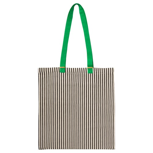 Black & white striped tote bag with green handles, cotton.