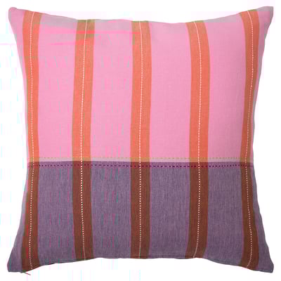 MÄVINN cushion cover, pink and orange stripes, blue bottom, handwoven cotton, square shape, embroidered design.