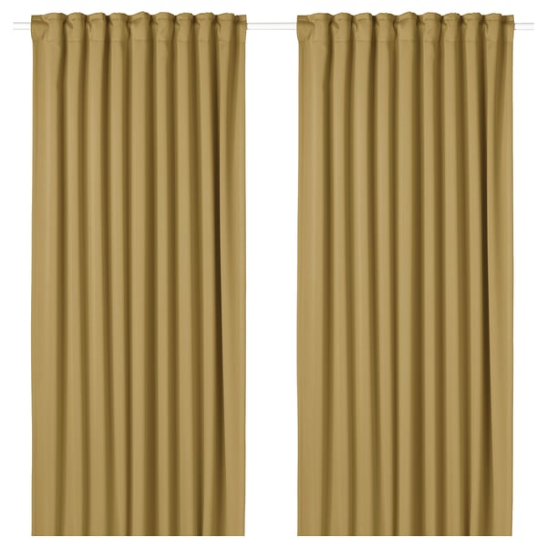 Two beige-yellow MAJGULL room darkening curtains hang side by side, featuring a soft, textured fabric with a multi-way header design.