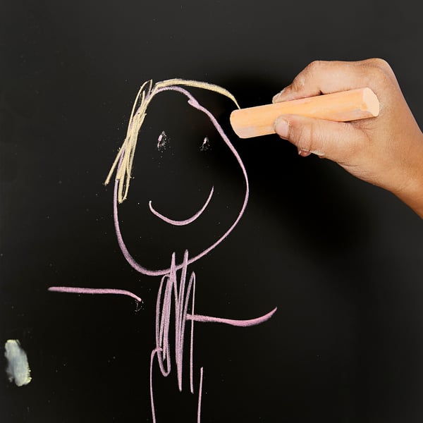 Hand drawing smiley face in chalk on blackboard.