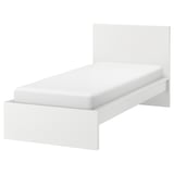 A white ikea MALM bed frame with a simple, modern design. It clean lines, adjustable bed sides, and a high headboard.