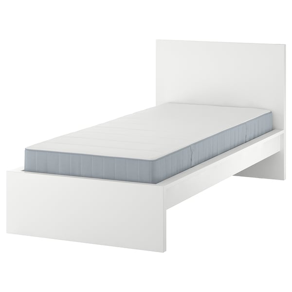 Minimalist white bed frame, slim design, supportive slats, adjustable headboard.