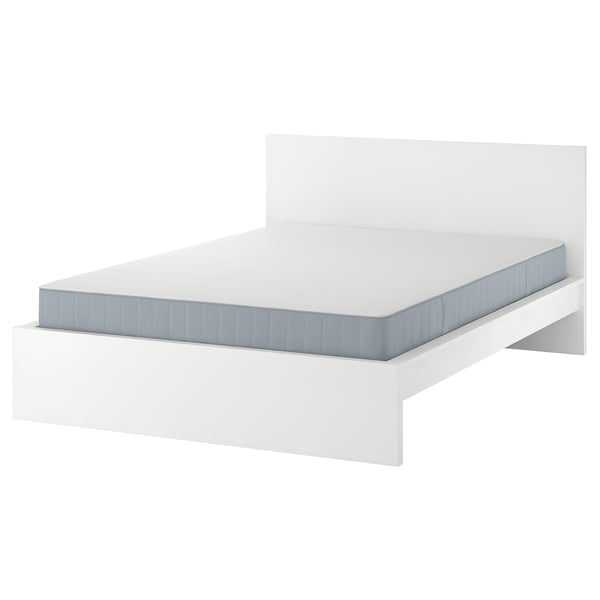 MALM white bed, modern, minimalist, high headboard, slatted base, foam mattress, clean design.