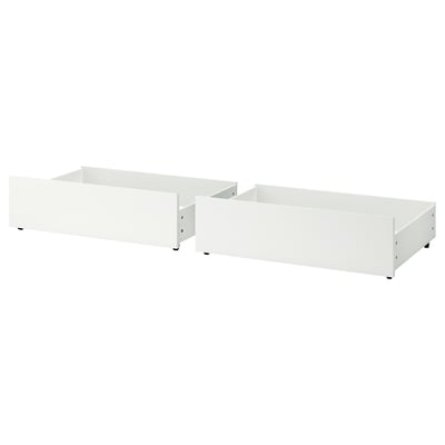 Two white, rectangular MALM storage boxes with smooth edges and sturdy construction, ideal for under-bed or furniture storage.