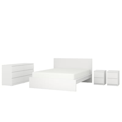 A minimalist white bedroom set featuring a bed, two nightstands, and a dresser with clean lines and a simple design.