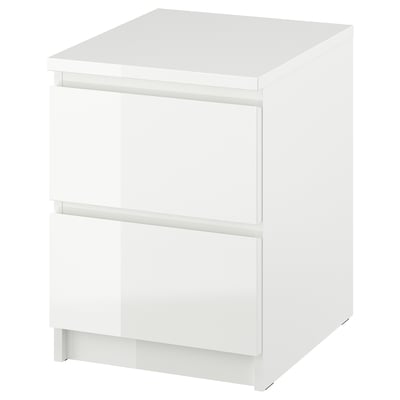 MALM white bedside table, gloss finish, 3 drawers, sleek design.