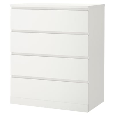 A white MALM chest of drawers. It has four drawers, a smooth surface, and a sleek, rectangular shape. Perfect for bedroom storage.