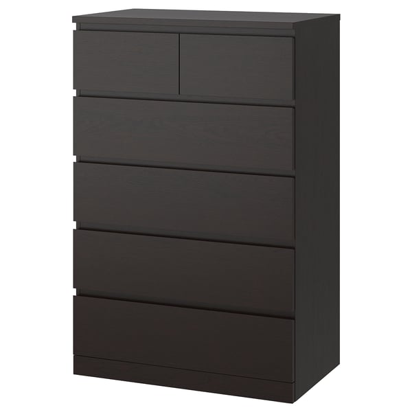 A black MALM chest of drawers with six drawers, made of wood veneer, featuring a sleek and modern design.