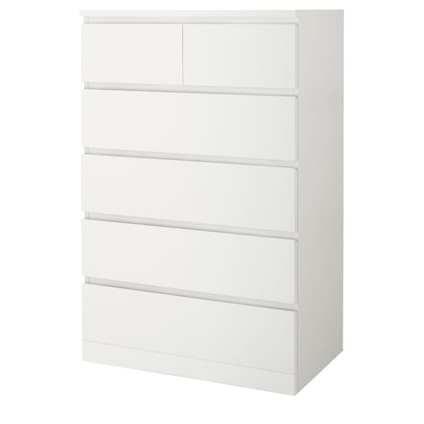 A white MALM chest of drawers with six drawers, ideal for bedroom storage.