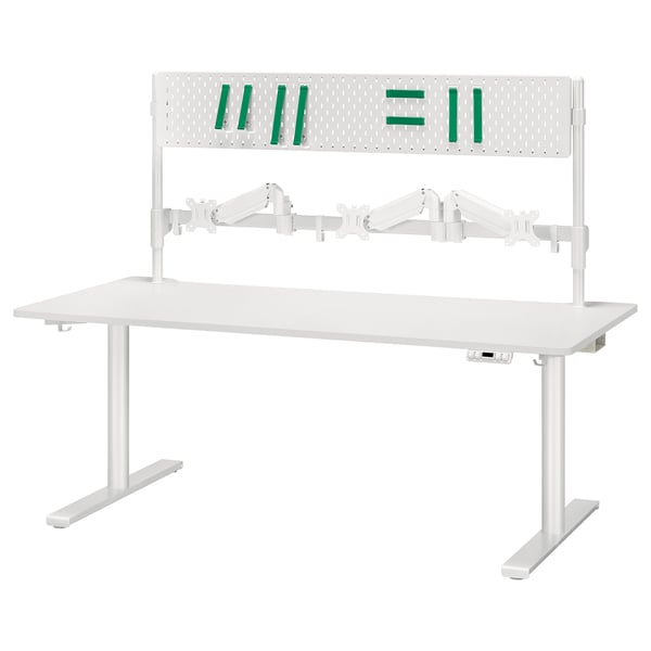 MÅLOMRÅDE gaming desk: white, adjustable height, 3 monitor arms, pegboard with hooks, sleek minimalist design, electric sit/stand.